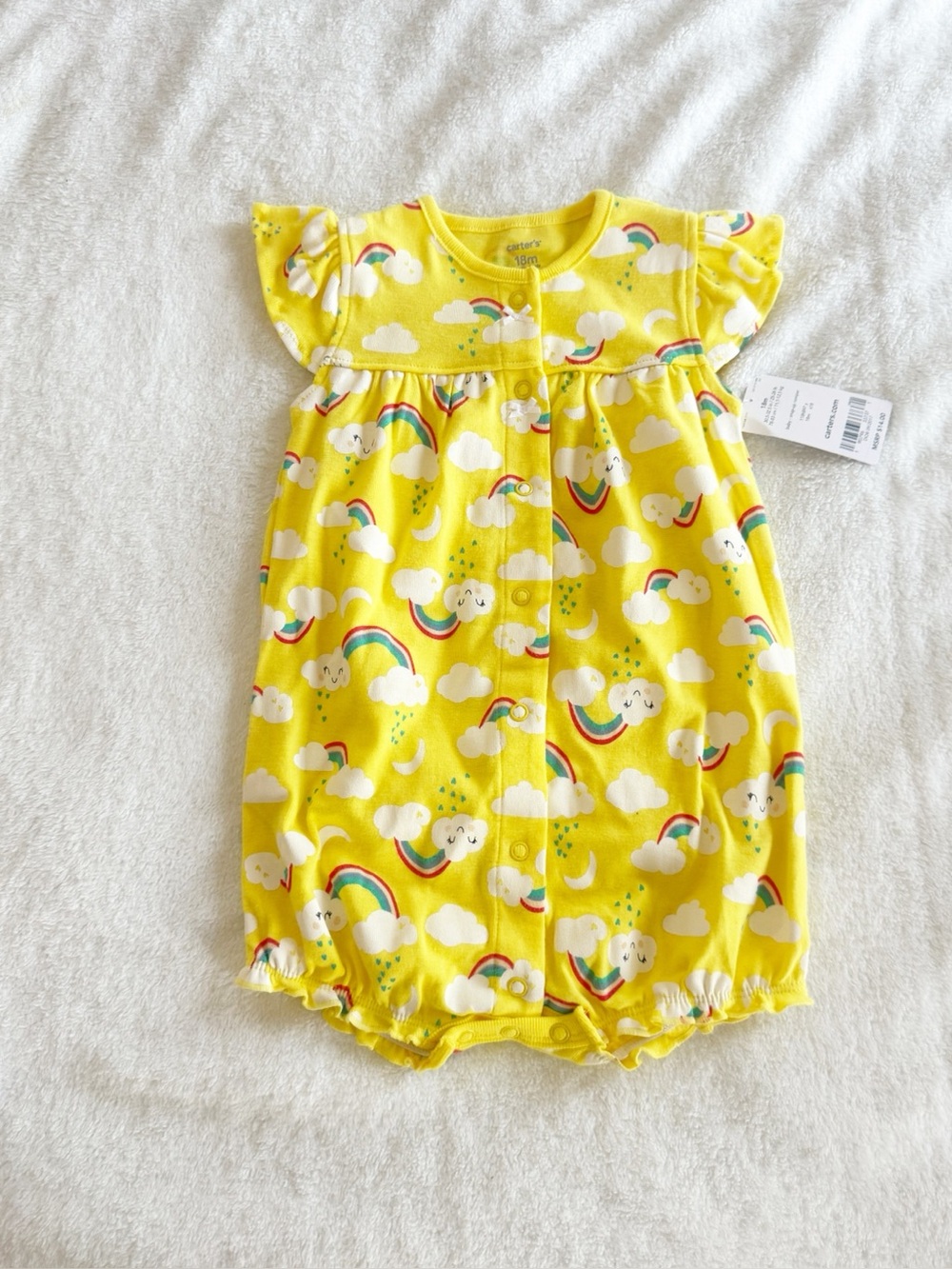 Carters Baby Girl Yellow Rainbow Clouds Snap Up Bubble Romper 18 months NWT